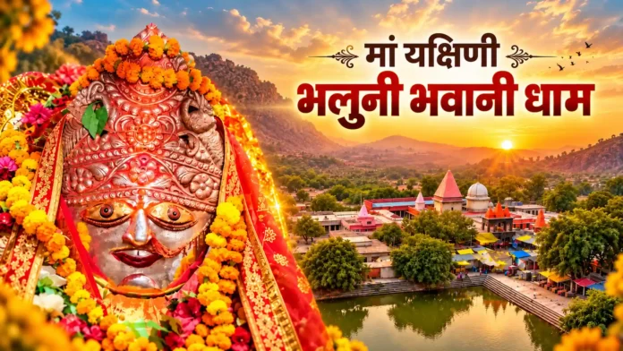माँ यक्षिणी भवानी भलुनी धाम की प्रतिमा और मंदिर परिसर का दृश्य, दिनारा, रोहतास, बिहार