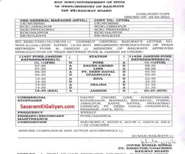 New Pune jasidih Train stoppage at sasaram